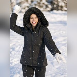 Women's WEATHERPROOF Black Puffer Jacket with Faux Fur Hood S